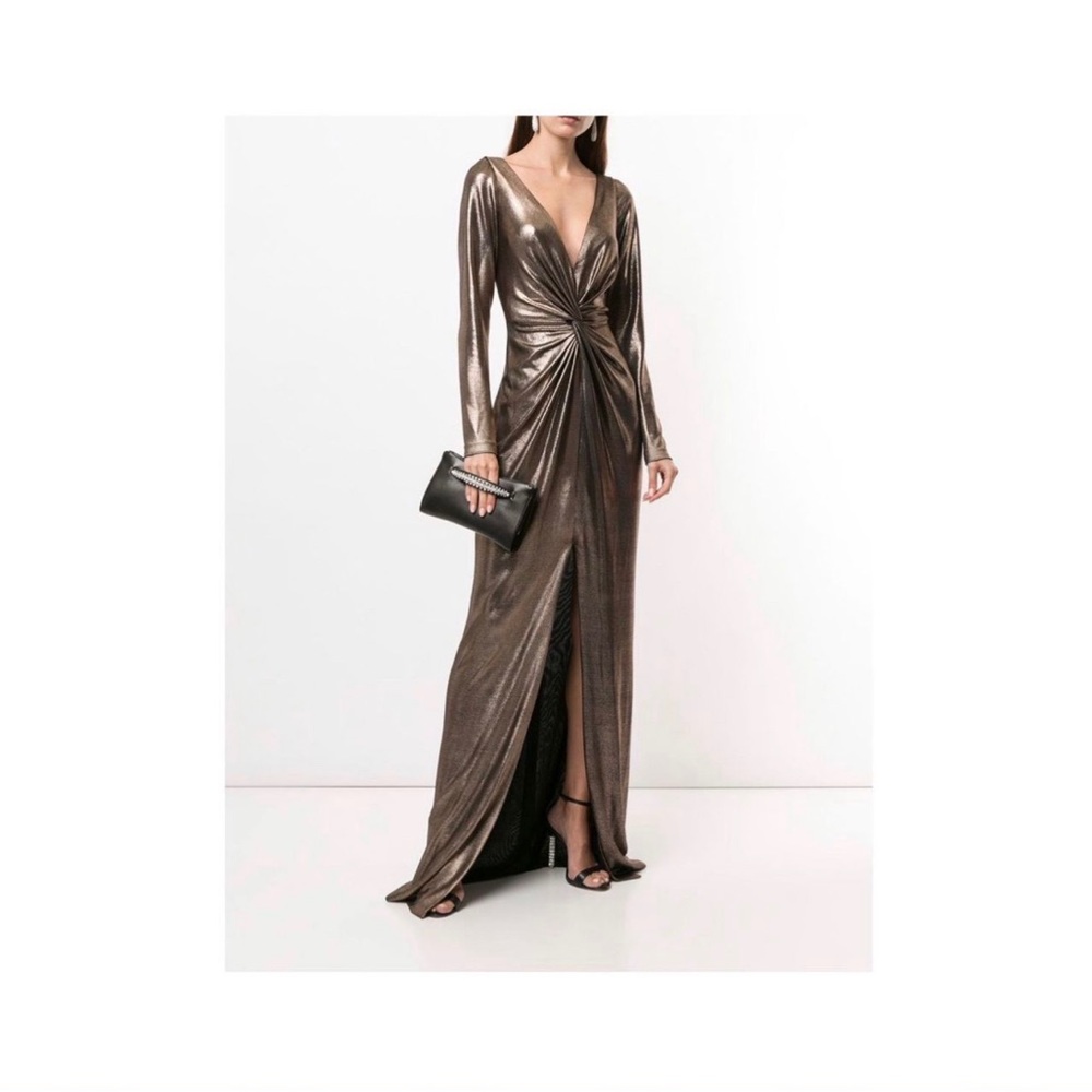 Marchesa Notte Metallic Ruched Fitted Dress